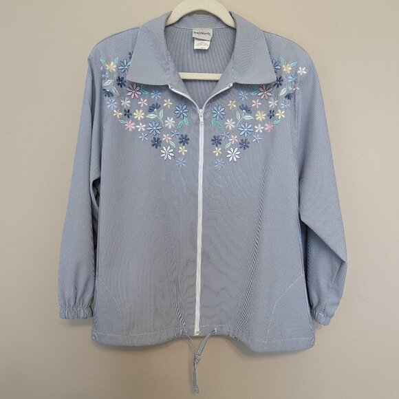 Bon Worth Jackets & Blazers - VINTAGE Bon Worth seersucker blue white jacket floral embroidery EUC Petite L
